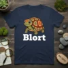 Cute cartoon tortoise with the word "Blort" in white text below, navy blue t-shirt design