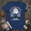 Blossom Moon T-Shirt design featuring a Japanese landscape with a full moon, mountains, cherry blossoms, and a pagoda