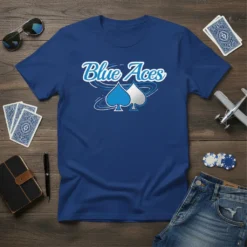 Blue Aces t-shirt design with blue and silver spades and swirling lines