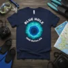 Blue Hole 1998 Belize,SA text with underwater illustration of divers and coral on a navy t-shirt