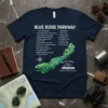 Navy blue t-shirt featuring a map of the Blue Ridge Parkway with listed attractions and campgrounds