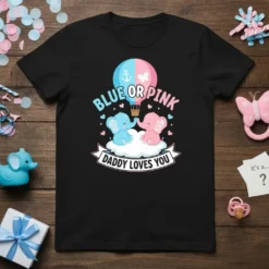 Blue or Pink Daddy Loves You gender reveal t-shirt with cute elephants and hot air balloon graphic