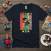 BÄÄM!! ICH BIN 5 birthday t-shirt with a superhero character dabbing, set against colorful vertical stripes