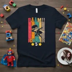 BÄÄM!! ICH BIN 5 birthday t-shirt with a superhero character dabbing, set against colorful vertical stripes
