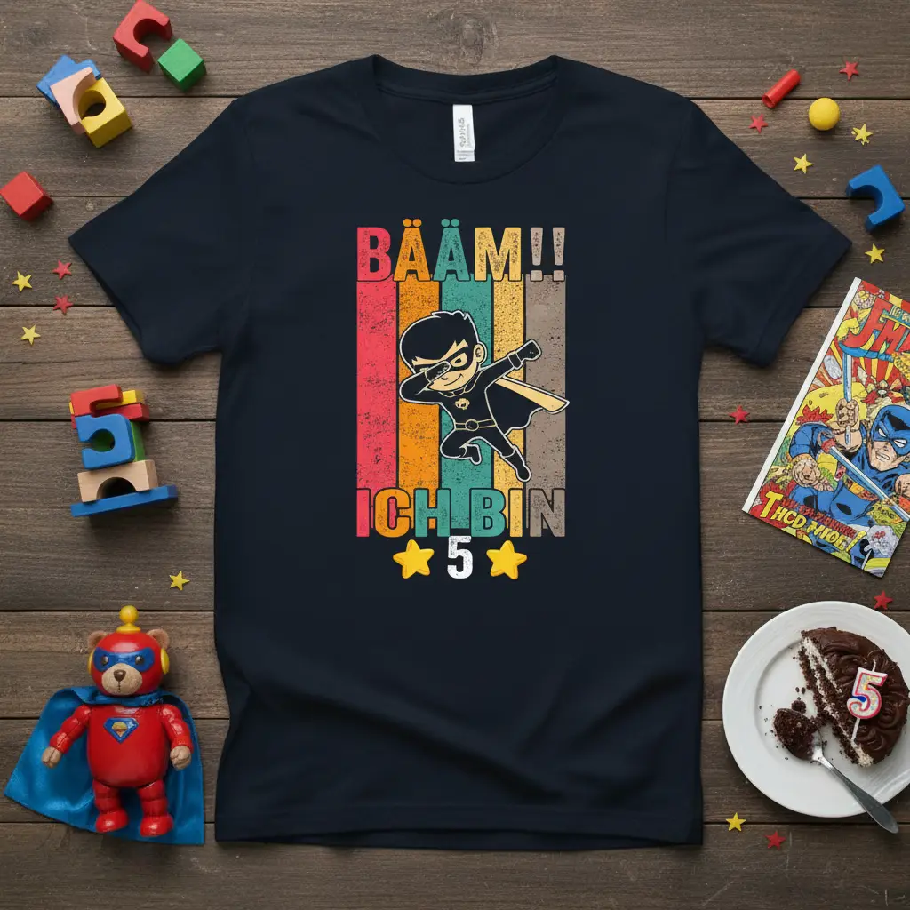 BÄÄM!! ICH BIN 5 birthday design featuring a dabbing superhero kid against colorful retro stripes