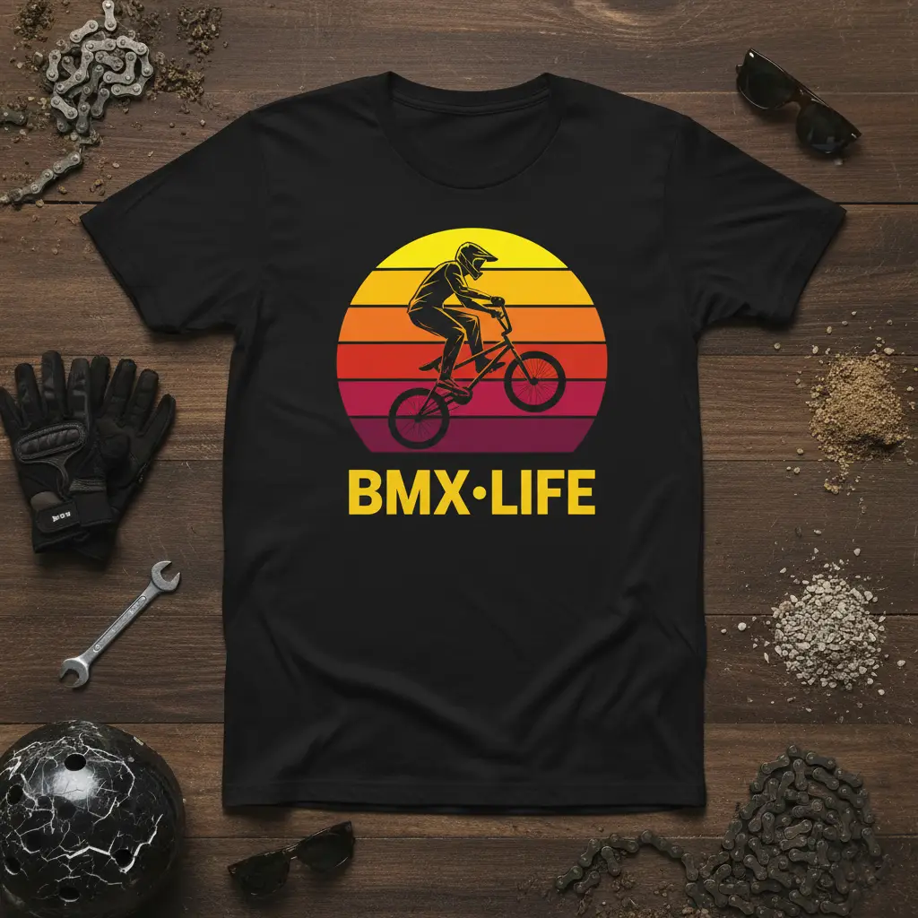 BMX LIFE text with cyclist silhouette against a retro striped sunset graphic on a t-shirt