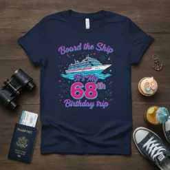 Navy blue t-shirt with "Board the Ship It's My 68th Birthday trip" text and a cruise ship graphic