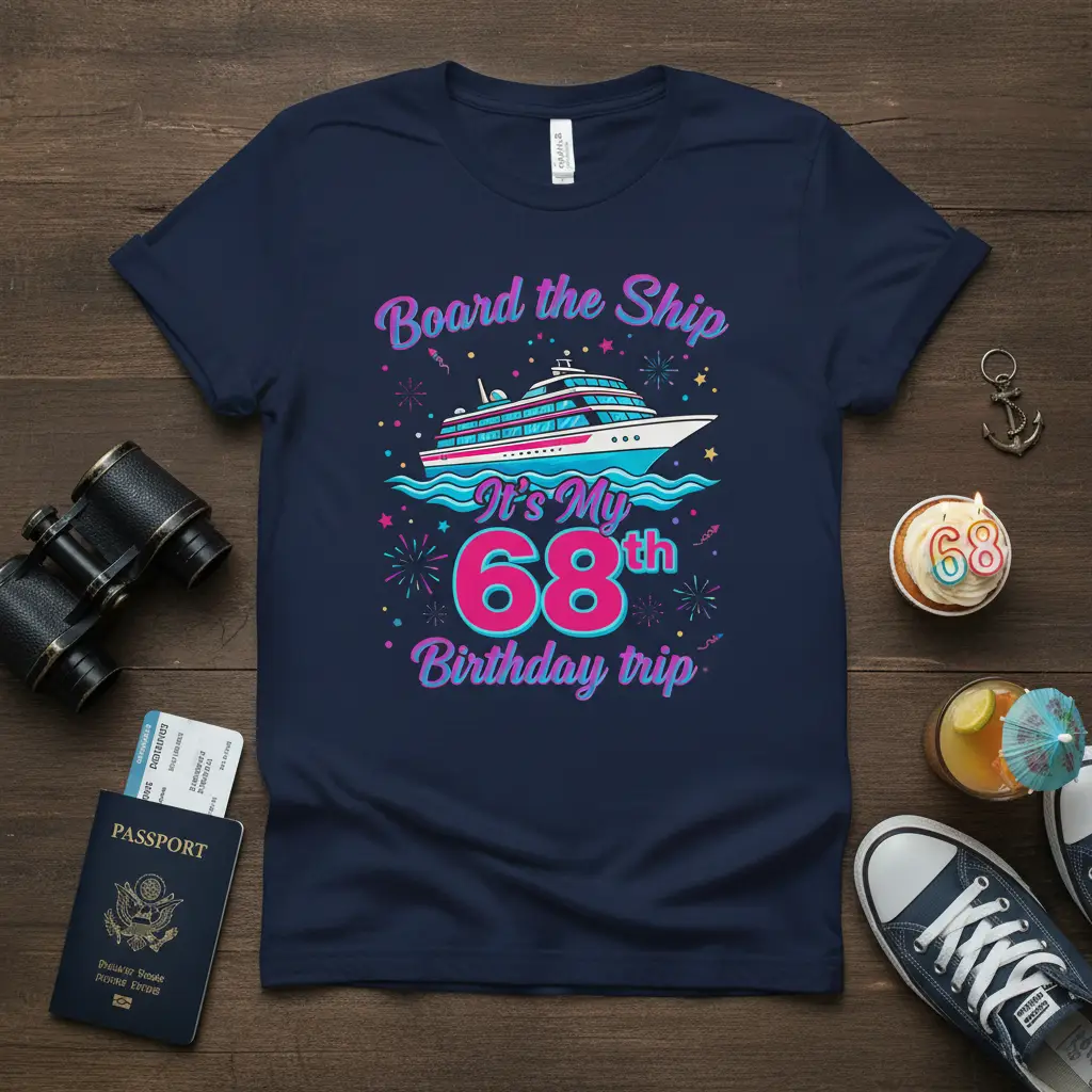 Board the Ship It's My 68th Birthday trip text and cruise ship graphic on a navy tee