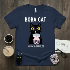 Boba Cat Meow & Bubbles t-shirt design featuring a black cat with glasses drinking bubble tea