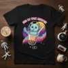Boba Cat Space Adventure t-shirt design featuring a cute blue cat in a bubble tea cup with a space background