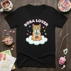 Boba Lover t-shirt design with a cute orange tabby cat wearing glasses and drinking boba tea while sitting on a
