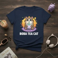 Cute Boba Tea Cat T-Shirt featuring a kawaii cat with a crown holding a boba drink