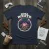 Boba Wrath design on a navy t-shirt featuring an angry boba tea cup with lightning and crossed straws
