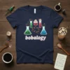 Bobalogy t-shirt design featuring beakers and test tubes filled with boba, representing the science of bubble tea