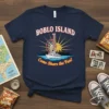 Boblo Island Come Share the Fun t-shirt design featuring a ferry, Ferris wheel, and skyline graphic