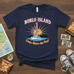Boblo Island Come Share the Fun t-shirt design featuring a ferry, Ferris wheel, and skyline graphic