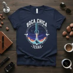Navy t-shirt graphic featuring a rocket launching into space, text reads "Boca Chica Texas Rocket Launch"