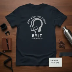 Body Mind Soul Fitness BYLT Fitness bold graphic design printed on comfortable cotton t-shirt