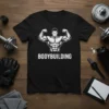 Black t-shirt featuring a bold graphic of a muscular male bodybuilder flexing biceps with the word BODYBUILDING below