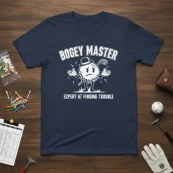 Bogey Master Expert At Finding Trouble T-Shirt featuring a cartoon golf ball with a distressed face and a golf club