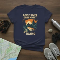 Boise River Greenbelt Idaho t-shirt design featuring a cyclist, kayakers, city skyline, and mountains at sunset