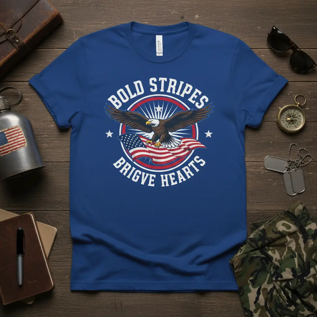 Bold Stripes Brigve Hearts patriotic eagle and American flag design on a blue t-shirt