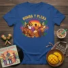 Bomba y Plena Corazón de la Cultura t-shirt design featuring dancers and drummers with musical notes and tropical leaves