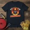 Bomberos t-shirt design with firefighter helmet, mask, crossed axes, and flames. Primary keyword is BOMBEROS