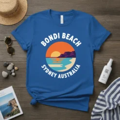 Blue t-shirt with "BONDI BEACH SYDNEY AUSTRALIA" text encircling a retro sunset over the ocean and beach