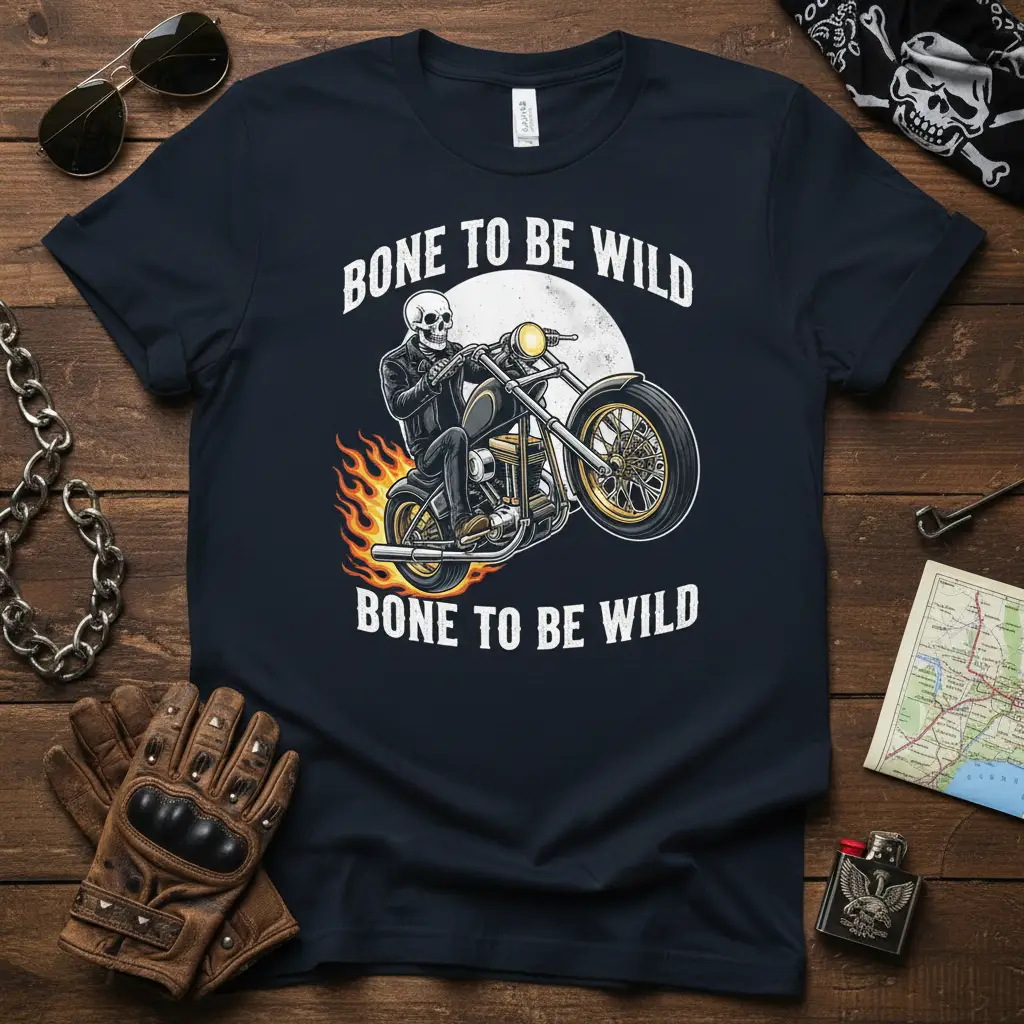 Bone to Be Wild Bone to Be Wild quote on a t-shirt with a skeleton biker and flames