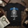 Black t-shirt with "Bonehead Anatomy Dept Est 1823" text and a skeleton graphic, designed for science and anatomy enthusiasts