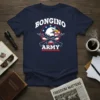 Bongino Army T-Shirt with white text, eagle, crossed guns, and American flag elements on a navy blue tee