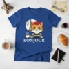 Bonjour text with a cute French cat wearing a beret holding coffee, with the Eiffel Tower and hot air balloon