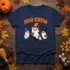 Boo Crew Halloween T-Shirt with three cute ghosts and a black cat, featuring orange text and witch hats