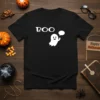 Black t-shirt with white "BOO" text and a cute ghost graphic, primary keyword Boo