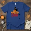 Halloween BOO t-shirt with black cat, carved pumpkins, and dripping text design.| | |