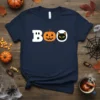 Boo Halloween T-Shirt design with white 'B', pumpkin 'O', and black cat 'O' graphic on navy blue shirt