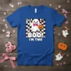 Boo! I'm Two Halloween birthday t-shirt with a cute ghost holding a pumpkin and giving a peace sign