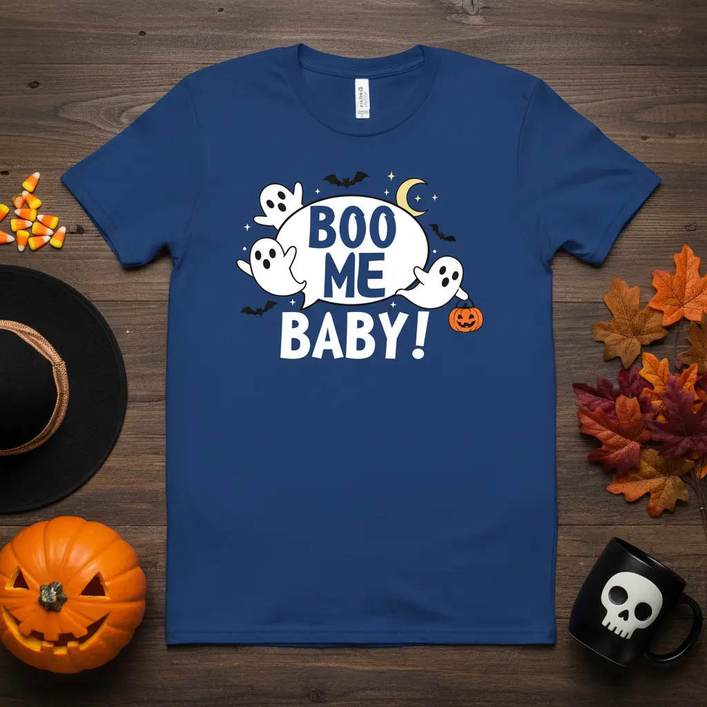 Boo Me Baby! Halloween T-Shirt with playful ghosts, bats, and spooky text design