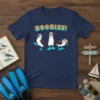 Blue Footed Booby birds with "BOOBIES!" text above on a navy t-shirt, Galapagos bird design