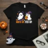 Boo'd Up & Fed Up Halloween T-Shirt with cute ghosts holding french fries and pumpkins