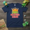 Booger King text and burger crown graphic on a navy blue t-shirt