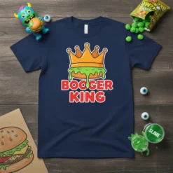Booger King text and burger crown graphic on a navy blue t-shirt