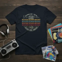 Boogie Down Bronx Hip Hop Soul Freedom t-shirt design with vintage circle logo, boombox, and record