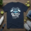 Navy t-shirt with white and blue "Bo'Oho Wo'er" text and graphics of water bottles and a fountain