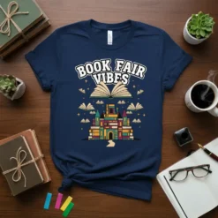 Book Fair Vibes text with an open book and castle graphic on a navy blue t-shirt, celebrating reading and book