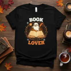 Book Lover text with a cute ghost reading a book graphic on a black t-shirt, perfect for bookworms