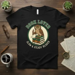 Book Lover Slow & Steady Reader T-Shirt with an owl reading on books graphic