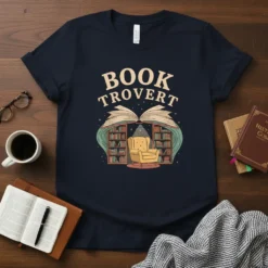 Book Trovert quote on a navy t-shirt with a graphic of an open book, bookshelves, and a yellow armchair