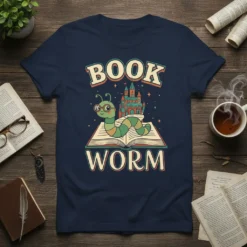 Book Worm T-Shirt featuring a cute green caterpillar wearing glasses on an open book with a castle graphic and stars